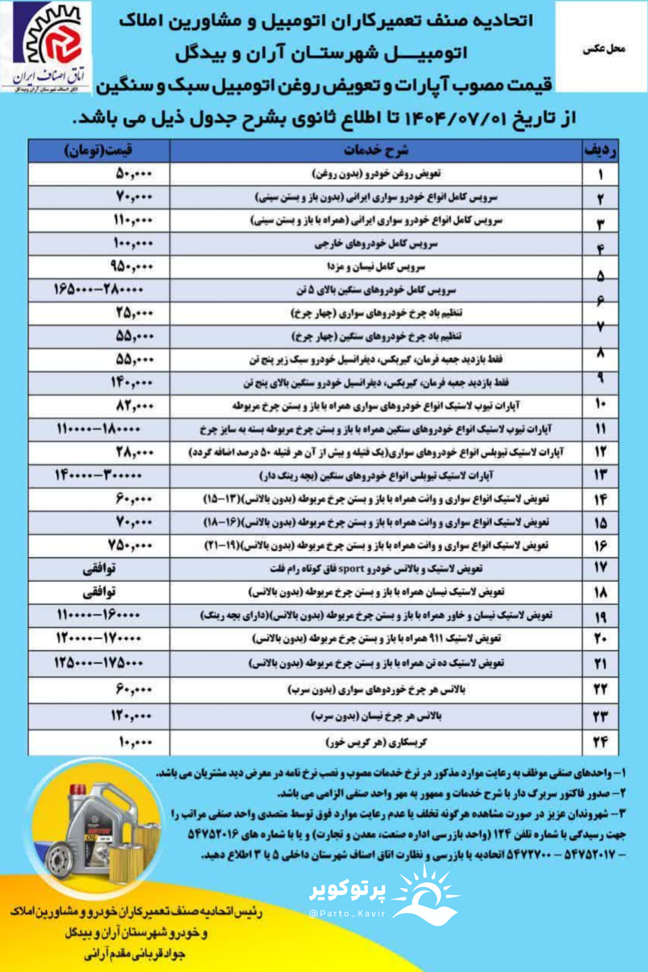 نرخنامه آپارات و تعویض روغن اتومبیل سبک و سنگین در شهرستان آران و بیدگل اعلام شد