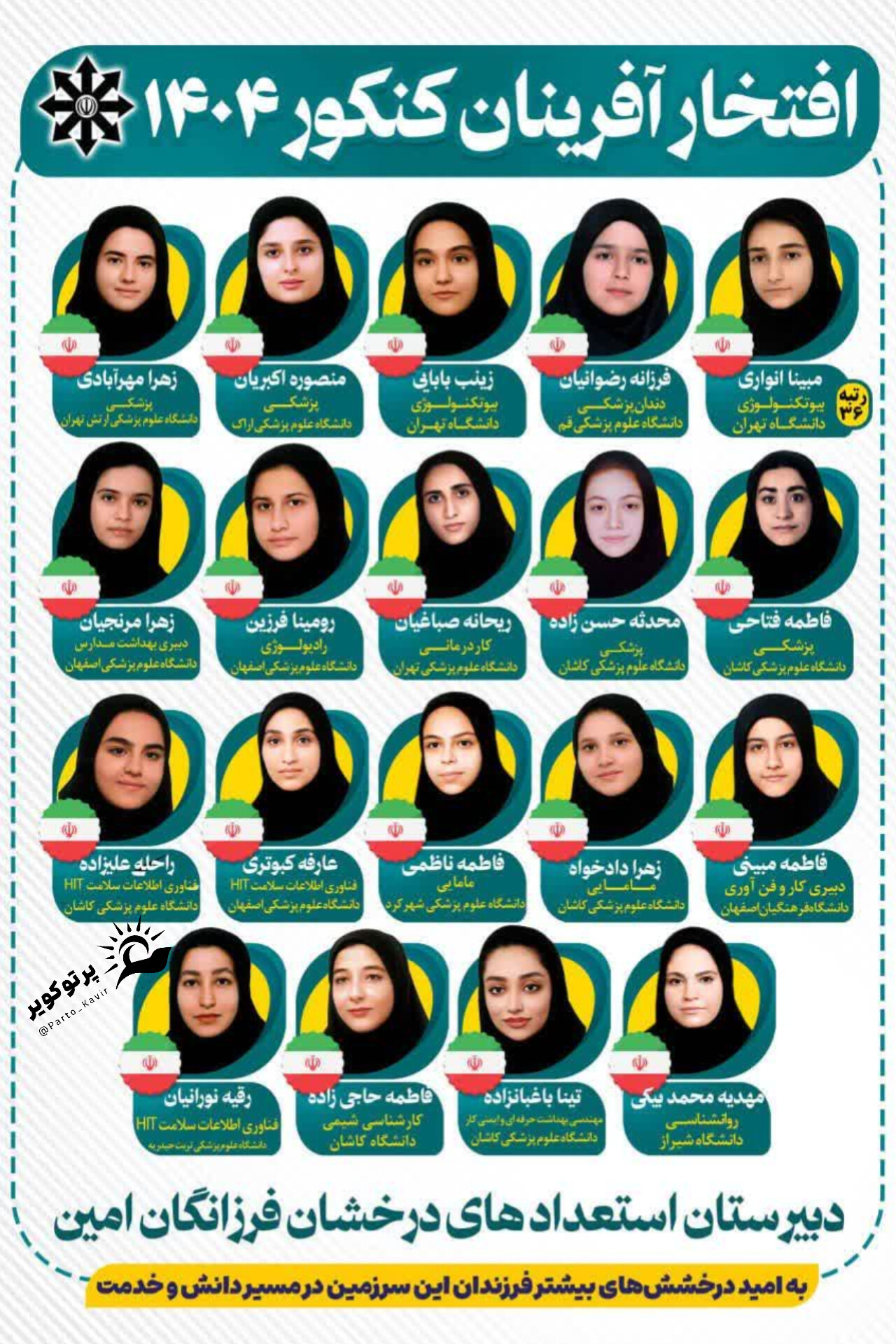 افتخار آفرینان کنکور ۱۴۰۴ دبیرستان استعدادهای درخشان فرزانگان امین آران و بیدگل