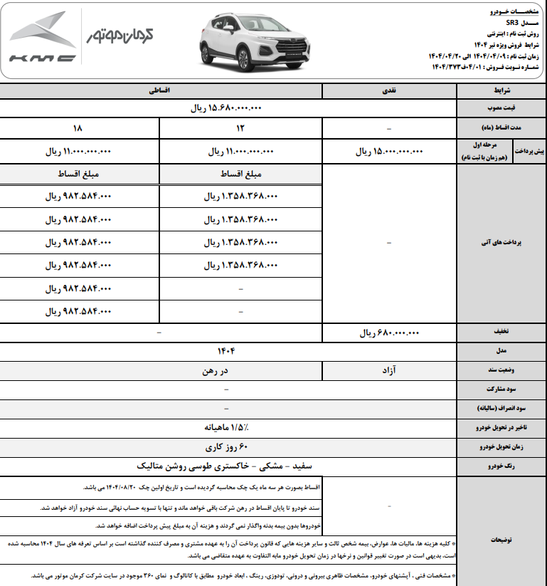 KMC SR3, فروش اقساطی KMC SR3, فروش اقساطی KMC SR3 تیر 1404, شرایط فروش KMC SR3, فروش اقساطی کی ام سی اس آر 3 تیر 1404, کرمان موتور تیر 1404, کرمان موتور, فروش اقساطی کرمان موتور تیر 1404