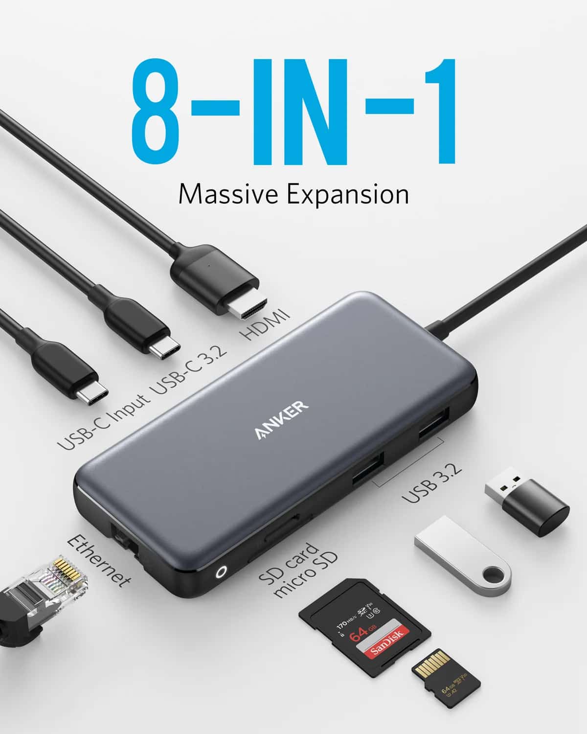 هاب تایپ سی انکر مدل 555 USB C Hub 8-in-1 A8383(بهترین هاب USB برای مک بوک)
