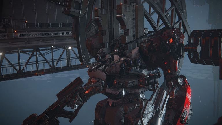 ربات غول پیکر سیاه نزدیک پل در شب Armored Core VI