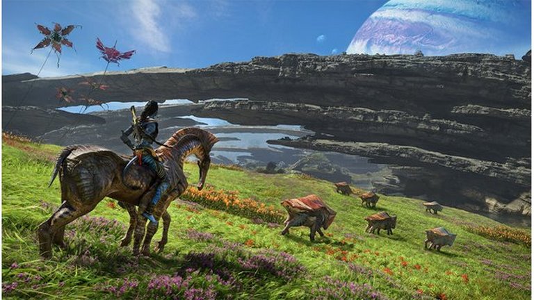 ناوی سوار بر موجود اسب مانند در دشت سرسبز بررسی بازی Avatar: Frontiers of Pandora