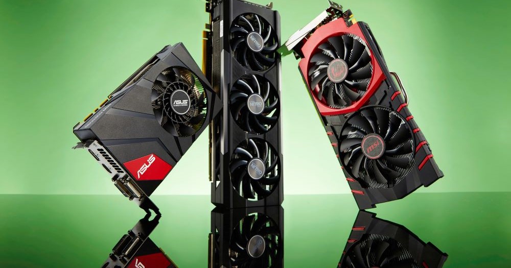 تصویری از انواع کارت گرافیک مدرن از برندهای مختلف مانند NVIDIA، AMD و ASUS