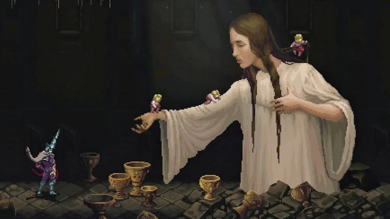 نقاشی مسیحی فردی با لباس سفید و موهای قهوه‌ای بلند در کنار جام‌های طلایی بررسی بازی Blasphemous 2