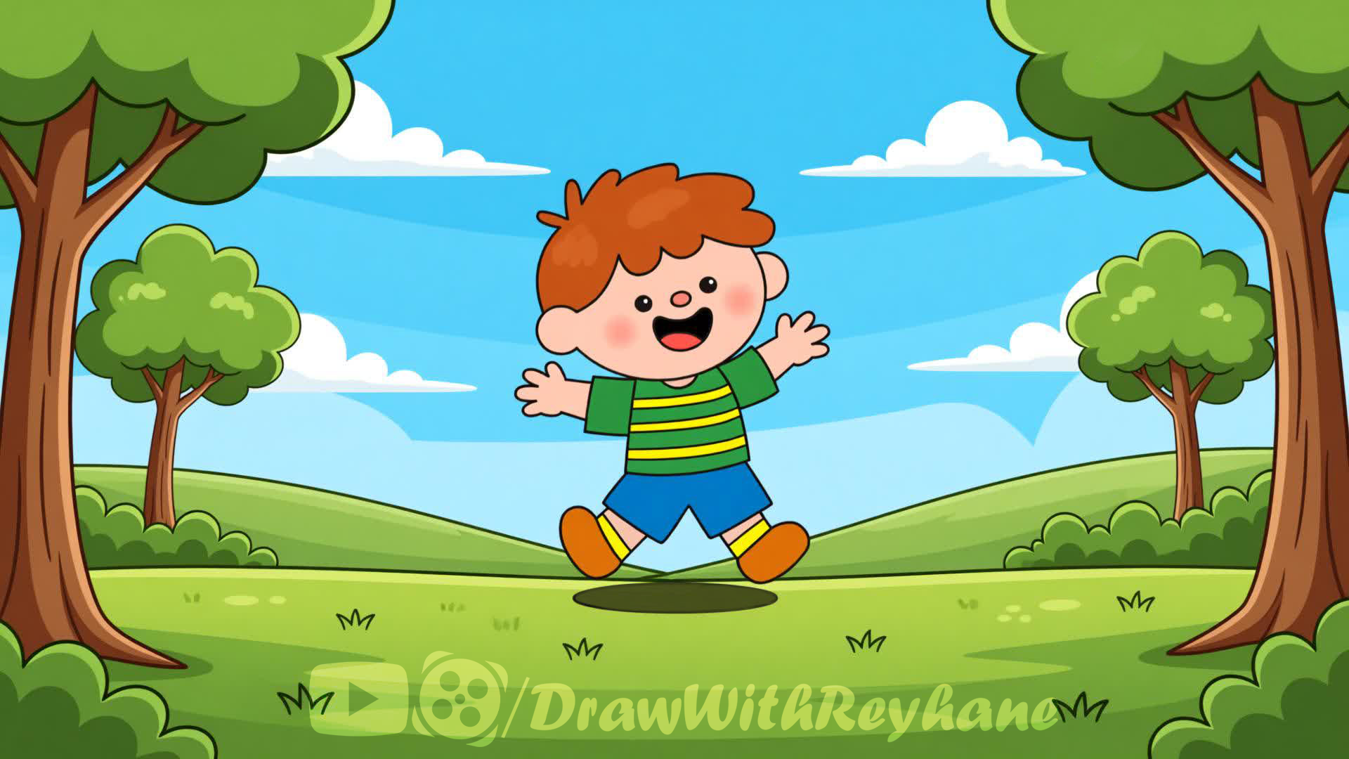 نقاشی پسر بچه شاد در حال بازی در پارک