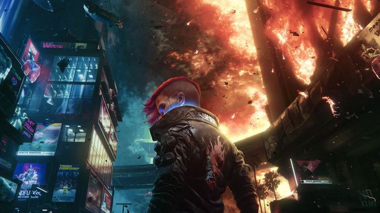 5 بازی سابقاً مورد انتظار که پس از عرضه به شدت منفور شدند Cyberpunk 2077 سایبرپانک 2077 شخصیت زن در شهر نئونی ساختمان منفجر شده