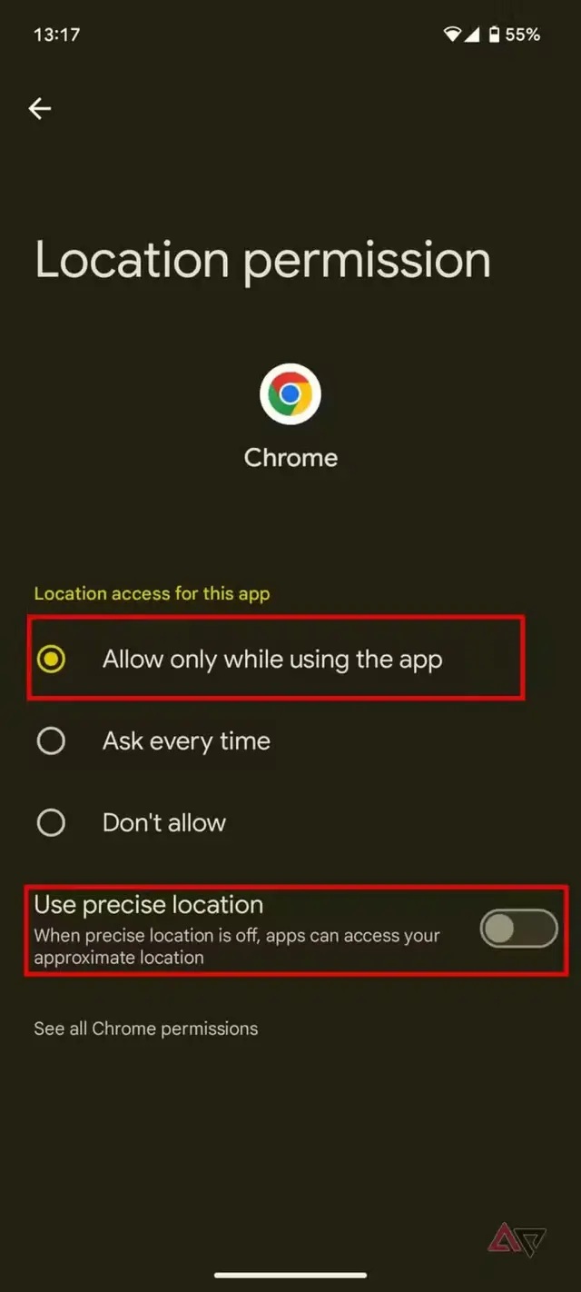 «اسکرین‌شات گزینه‌های دسترسی به موقعیت مکانی برای اپ‌ها در تنظیمات اندروید»