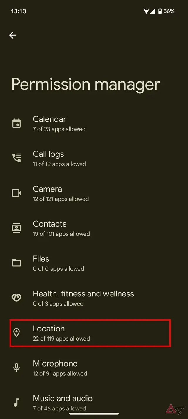 «اسکرین‌شات گزینه‌های دسترسی به موقعیت مکانی برای اپ‌ها در تنظیمات اندروید»