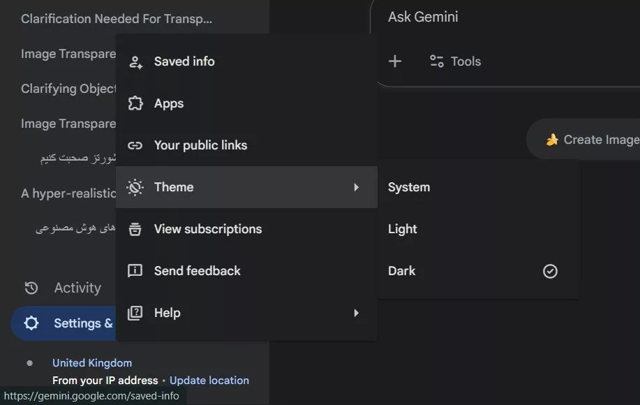 «گزینه‌های حالت روشن، تاریک و خودکار در تنظیمات ظاهر جمینای»