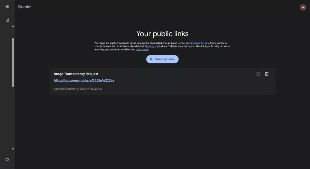 «نمایی از بخش Your Public Links در تنظیمات اپلیکیشن جمینای گوگل»