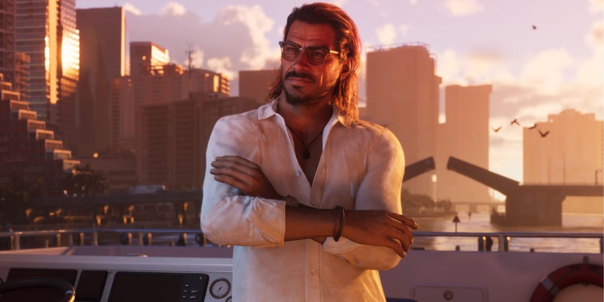 لوگوی GTA 6 در کنار تاجی که در حال افتادن است، با پس‌زمینه‌ای از بازی‌های رقیب