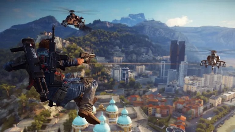 مردی در حال قلاب انداختن به هلیکوپتر در آسمان بازی‌های شگفت انگیزی که همیشه نادیده گرفته می‌شوند جاست کاز 3