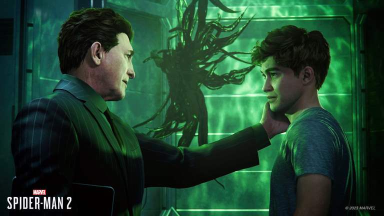 هری آزبورن و پدرش در کنار محفظه آزمایشگاهی سبز ونوم Marvel's Spider-Man 2، اسپایدرمن 2 پلی استیشن 5 بررسی بازی مرد عنکبوتی 2