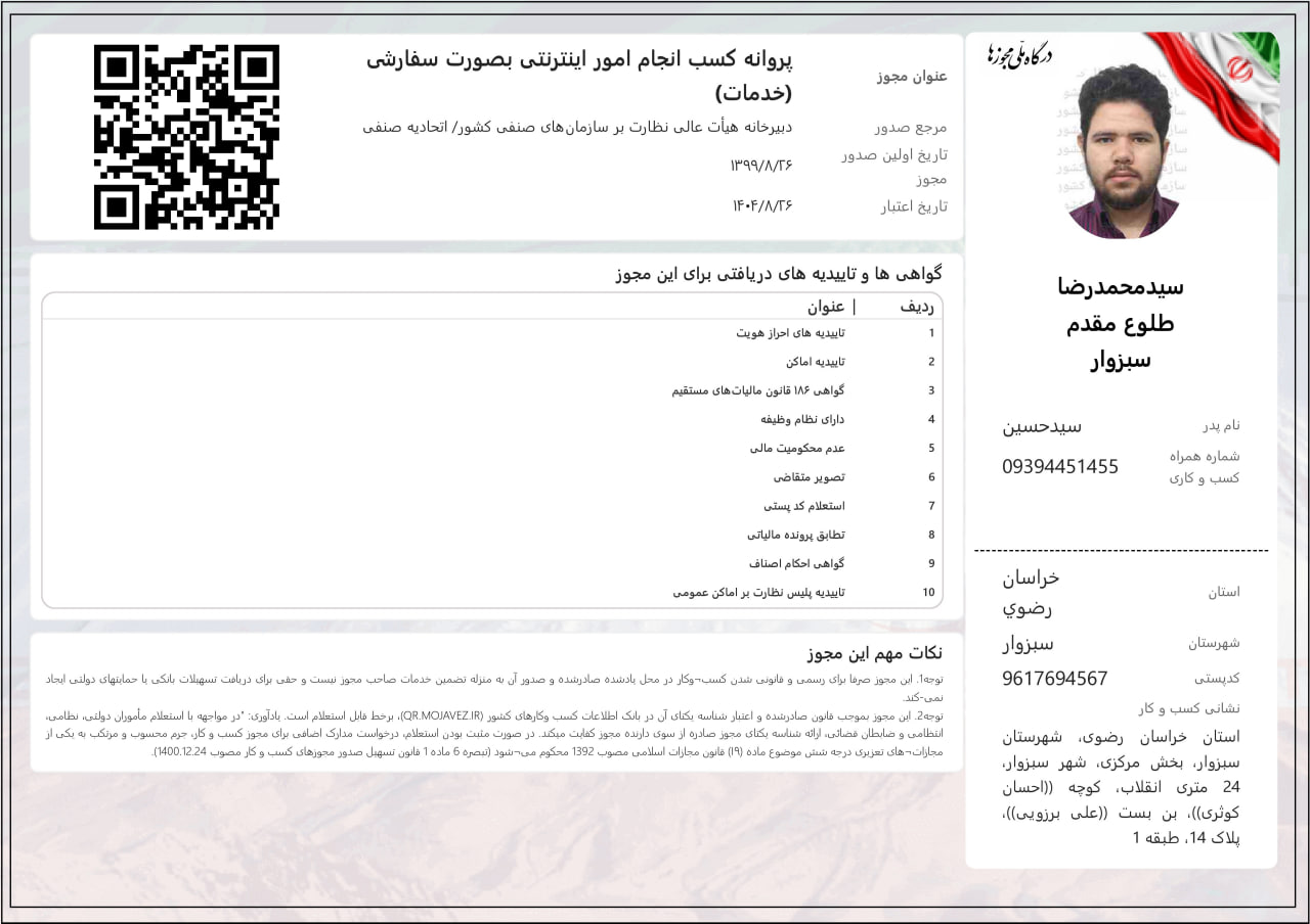 تصویر مجوز کافی‌نت طلوع سبزوار