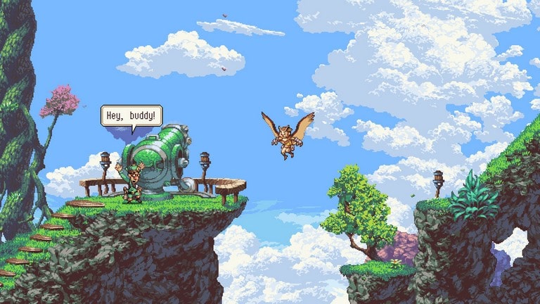 گیم پلی بازی Owlboy جغد انسان نما در حال پرواز در آسمان آبی