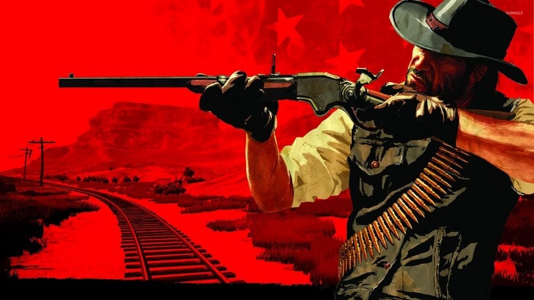 Red Dead Redemption​ رد دد ردمپشن جان مارستون نشانه گرفته به سمت چپ در پس زمینه قرمز