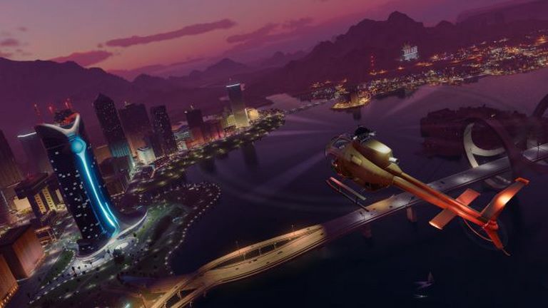 پرواز با هلی کوپتر بر فراز شهر در شب