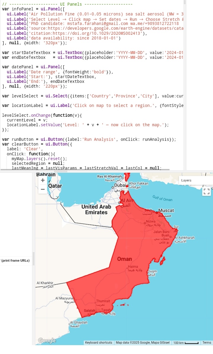 web Application AIR pollutant Sea ???? Surface Aerosol Fine  LINK:https://mstafafarahani.users.earthengine.app/view/seasaltaerosolfine   Table of content: https://github.com/mstafafarahani/Google-Earth-Engine-Application/blob/main/README.md    Contact: Mstafa.farahani@gmail.com Wa.me/+989381272118 github.com/mstafafarahani linkedin.com/in/mostafafarhani scholar.google.com/citations?user=qcN-Y1cAAAAJ&hl=en . . . + #climate  #Aerosol #seasurfaceaerosol #EnvironmentalScience  #Air #pollution,  #water #pollution,  #Soilpollution,  #globalwarming,  #RemoteSensing,  #satelliteimagery,  #signalprocess, #Earthobservation,  #EarthMonitoring,  #environmentalmonitoring, #Atmospheric، #Hydrology، #Geospatialanalysis, #GIS, #forest، #drought, #CoastalMarine #Monitoring, #landuselandcover, #urbanheatisland , #agriculture, #Geography,  #earth , #Geospatial,  #Geosciences,  #EarthScience, #LiDAR,#sar,#waterresources