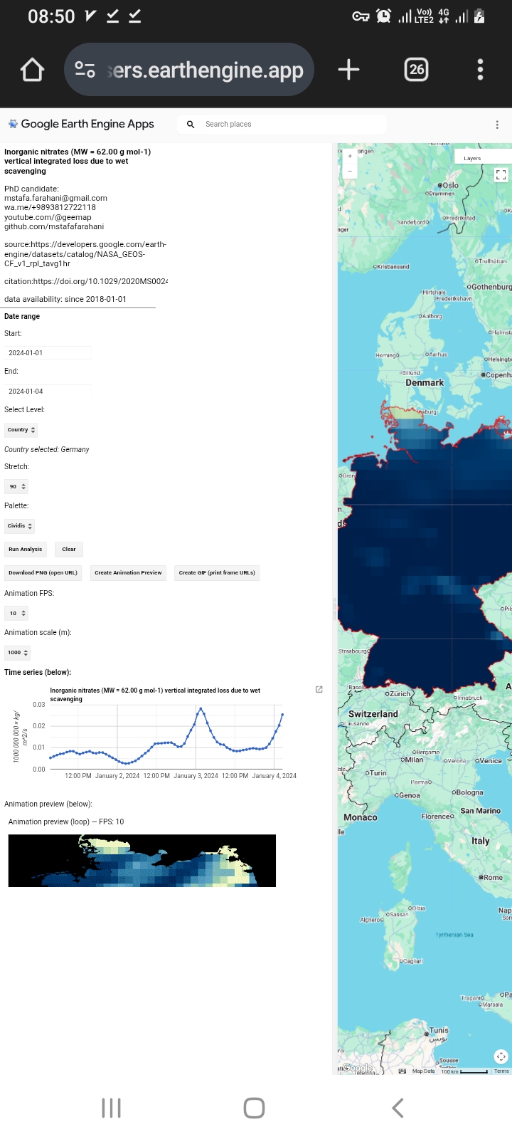 ????web Application AIR pollutant Inorganic nitrates  ☣Vertical column not surface pollution   ☢I had to multiply in 1000 000 000 to avoid get 0 in csv . So divide your csv in 1000 000 000   ⚠️LINK: https://mstafafarahani.users.earthengine.app/view/airqualityinorganicnitrates   ????Table of content: https://github.com/mstafafarahani/Google-Earth-Engine-Application/blob/main/README.md    ????Contact: Mstafa.farahani@gmail.com Wa.me/+989381272118 github.com/mstafafarahani linkedin.com/in/mostafafarhani scholar.google.com/citations?user=qcN-Y1cAAAAJ&hl=en . . . + #climate  #airpollution #Air #pollution,  #water #pollution,  #Soilpollution,  #globalwarming,  #RemoteSensing,  #satelliteimagery,  #signalprocess, #Earthobservation,  #EarthMonitoring,  #environmentalmonitoring, #Atmospheric، #Hydrology، #Geospatialanalysis, #GIS, #forest، #drought, #CoastalMarine #Monitoring, #landuselandcover, #urbanheatisland , #agriculture, #Geography,  #earth , #Geospatial,  #Geosciences,  #EarthScience, #LiDAR,#sar,#waterresources