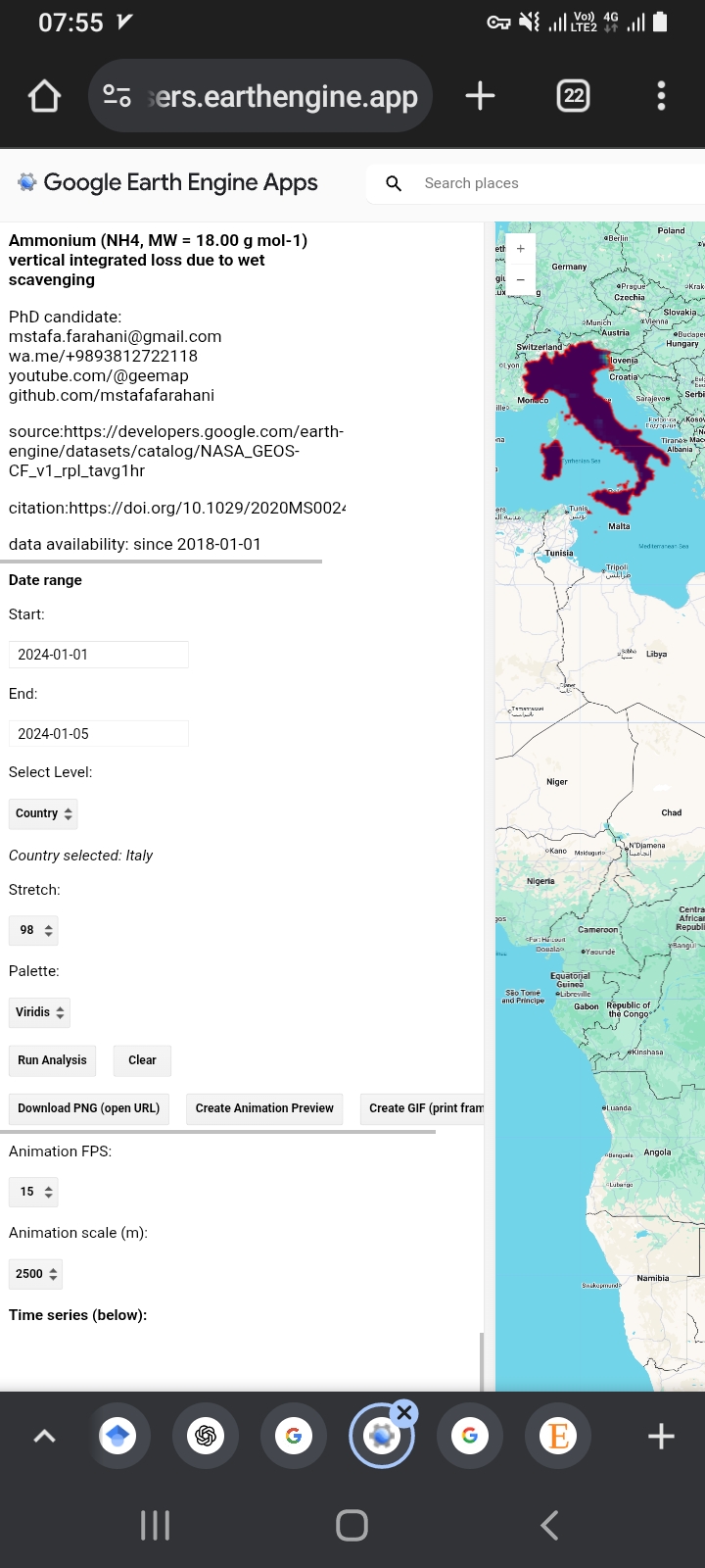 ????web Application AIR pollutant Ammonium  ☣Vertical column not surface pollution   ☢I had to multiply in 1000 000 000 to avoid get 0 in csv . So divide your csv in 1000 000 000   ⚠️LINK: https://mstafafarahani.users.earthengine.app/view/airqualityammoniumnh4   ????Table of content: https://github.com/mstafafarahani/Google-Earth-Engine-Application/blob/main/README.md    ????Contact: Mstafa.farahani@gmail.com Wa.me/+989381272118 github.com/mstafafarahani linkedin.com/in/mostafafarhani scholar.google.com/citations?user=qcN-Y1cAAAAJ&hl=en . . . + #climate  #airpollution #Air #pollution,  #water #pollution,  #Soilpollution,  #globalwarming,  #RemoteSensing,  #satelliteimagery,  #signalprocess, #Earthobservation,  #EarthMonitoring,  #environmentalmonitoring, #Atmospheric، #Hydrology، #Geospatialanalysis, #GIS, #forest، #drought, #CoastalMarine #Monitoring, #landuselandcover, #urbanheatisland , #agriculture, #Geography,  #earth , #Geospatial,  #Geosciences,  #EarthScience, #LiDAR,#sar,#waterresources