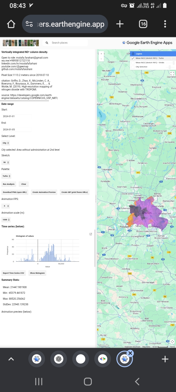 After hours hours hours web software air pollution nitrogen dioxide NO² https://mstafafarahani.users.earthengine.app/view/airpollutantnitrogendioxideno2   ????Table of content: https://github.com/mstafafarahani/Google-Earth-Engine-Application/blob/main/README.md    ????Contact: Mstafa.farahani@gmail.com Wa.me/+989381272118 github.com/mstafafarahani linkedin.com/in/mostafafarhani scholar.google.com/citations?user=qcN-Y1cAAAAJ&hl=en .  #no2  #ACETONE #surfacepressure #LST #wind #windspeed #Surfaceskintemperature #climate  #airpollution #Air #pollution,  #water #pollution,  #Soilpollution,  #globalwarming,  #RemoteSensing,  #satelliteimagery,  #signalprocess, #Earthobservation,  #EarthMonitoring,  #environmentalmonitoring, #Atmospheric، #Hydrology، #Geospatialanalysis, #GIS, #forest، #drought, #CoastalMarine #Monitoring, #landuselandcover, #urbanheatisland , #agriculture, #Geography,  #earth , #Geospatial,  #Geosciences ,  #EarthScience , #LiDAR , #sar , #waterresources ., #pm10