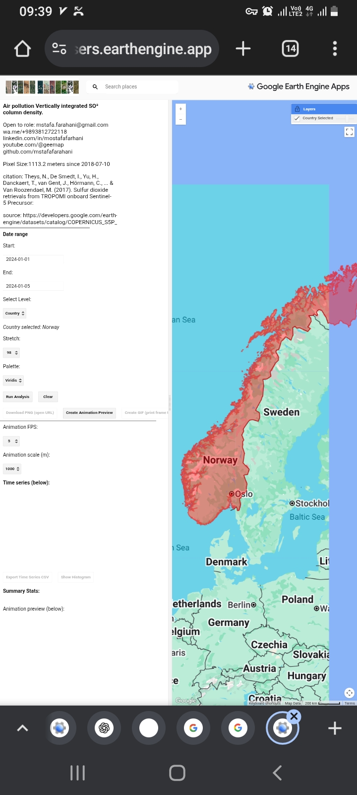 After hours hours hours web software air pollution Sulfur dioxide SO² https://mstafafarahani.users.earthengine.app/view/airpollotionso2   ????Table of content: https://github.com/mstafafarahani/Google-Earth-Engine-Application/blob/main/README.md    ????Contact: Mstafa.farahani@gmail.com Wa.me/+989381272118 github.com/mstafafarahani linkedin.com/in/mostafafarhani scholar.google.com/citations?user=qcN-Y1cAAAAJ&hl=en .  #sulfurdioxide #so2 @nasa @esa #ACETONE #surfacepressure #LST #wind #windspeed #Surfaceskintemperature #climate  #airpollution #Air #pollution,  #water #pollution,  #Soilpollution,  #globalwarming,  #RemoteSensing,  #satelliteimagery,  #signalprocess, #Earthobservation,  #EarthMonitoring,  #environmentalmonitoring, #Atmospheric، #Hydrology، #Geospatialanalysis, #GIS, #forest، #drought, #CoastalMarine #Monitoring, #landuselandcover, #urbanheatisland , #agriculture, #Geography,  #earth , #Geospatial,  #Geosciences ,  #EarthScience , #LiDAR , #sar , #waterresources ., #pm10Phd position .,  climate ., web application., Air pollution, . water pollution, . Soil pollution,.  global warming, . Remote Sensing,.  satellite imagery,.  signal process,.  Earth observation, . Earth Monitoring, . environmental monitoring,. Atmospheric ., Hydrology .,  Geospatial analysis, . GIS , . forest  ,.  drought,.  Coastal and Marine Monitoring,.  land use land cover .,  urban heat island ,.  agriculture ,. Geography ., earth ,.  Geospatial .,  Geosciences .,  Earth Science ., LiDAR,. sar,. water resources .,