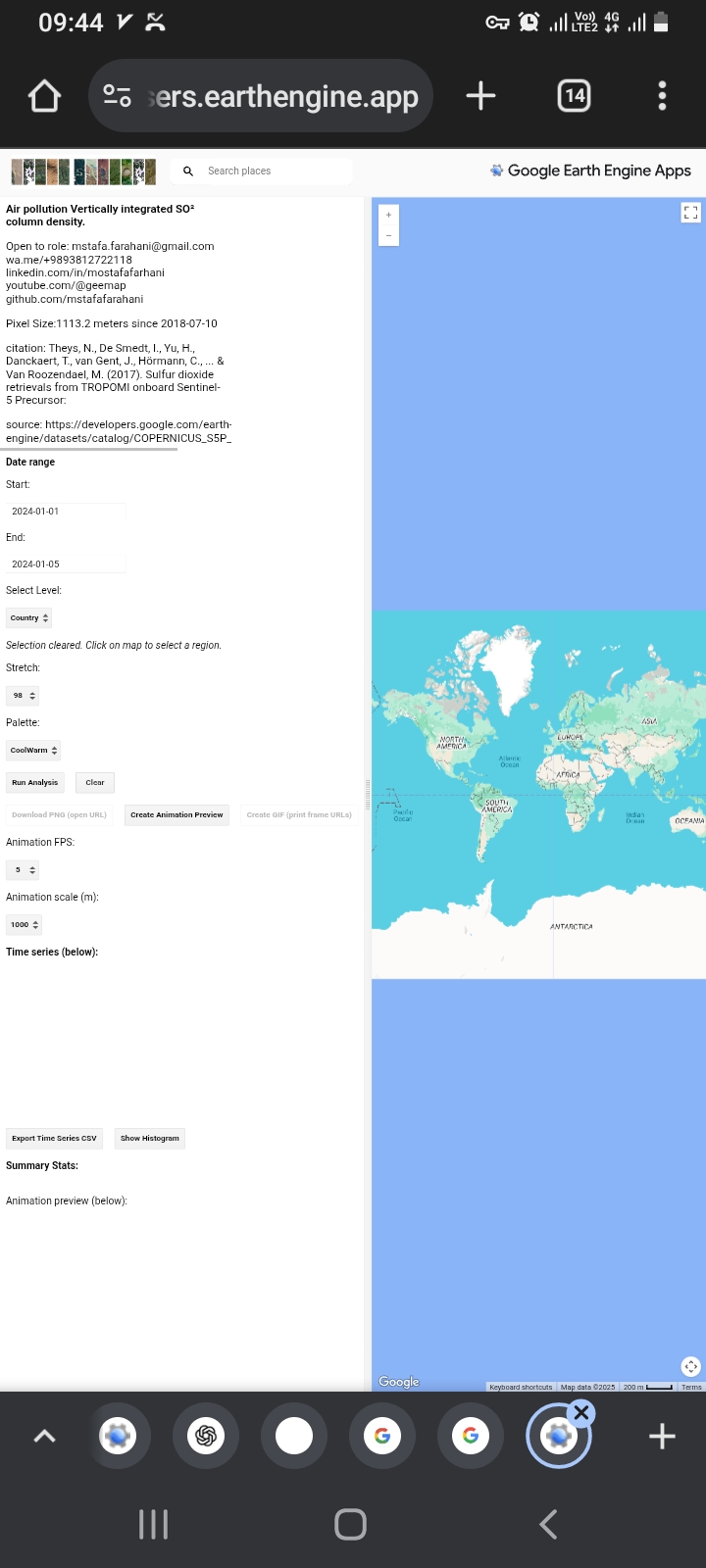 After hours hours hours web software air pollution Sulfur dioxide SO² https://mstafafarahani.users.earthengine.app/view/airpollotionso2   ????Table of content: https://github.com/mstafafarahani/Google-Earth-Engine-Application/blob/main/README.md    ????Contact: Mstafa.farahani@gmail.com Wa.me/+989381272118 github.com/mstafafarahani linkedin.com/in/mostafafarhani scholar.google.com/citations?user=qcN-Y1cAAAAJ&hl=en .  #sulfurdioxide #so2 @nasa @esa #ACETONE #surfacepressure #LST #wind #windspeed #Surfaceskintemperature #climate  #airpollution #Air #pollution,  #water #pollution,  #Soilpollution,  #globalwarming,  #RemoteSensing,  #satelliteimagery,  #signalprocess, #Earthobservation,  #EarthMonitoring,  #environmentalmonitoring, #Atmospheric، #Hydrology، #Geospatialanalysis, #GIS, #forest، #drought, #CoastalMarine #Monitoring, #landuselandcover, #urbanheatisland , #agriculture, #Geography,  #earth , #Geospatial,  #Geosciences ,  #EarthScience , #LiDAR , #sar , #waterresources ., #pm10Phd position .,  climate ., web application., Air pollution, . water pollution, . Soil pollution,.  global warming, . Remote Sensing,.  satellite imagery,.  signal process,.  Earth observation, . Earth Monitoring, . environmental monitoring,. Atmospheric ., Hydrology .,  Geospatial analysis, . GIS , . forest  ,.  drought,.  Coastal and Marine Monitoring,.  land use land cover .,  urban heat island ,.  agriculture ,. Geography ., earth ,.  Geospatial .,  Geosciences .,  Earth Science ., LiDAR,. sar,. water resources .,