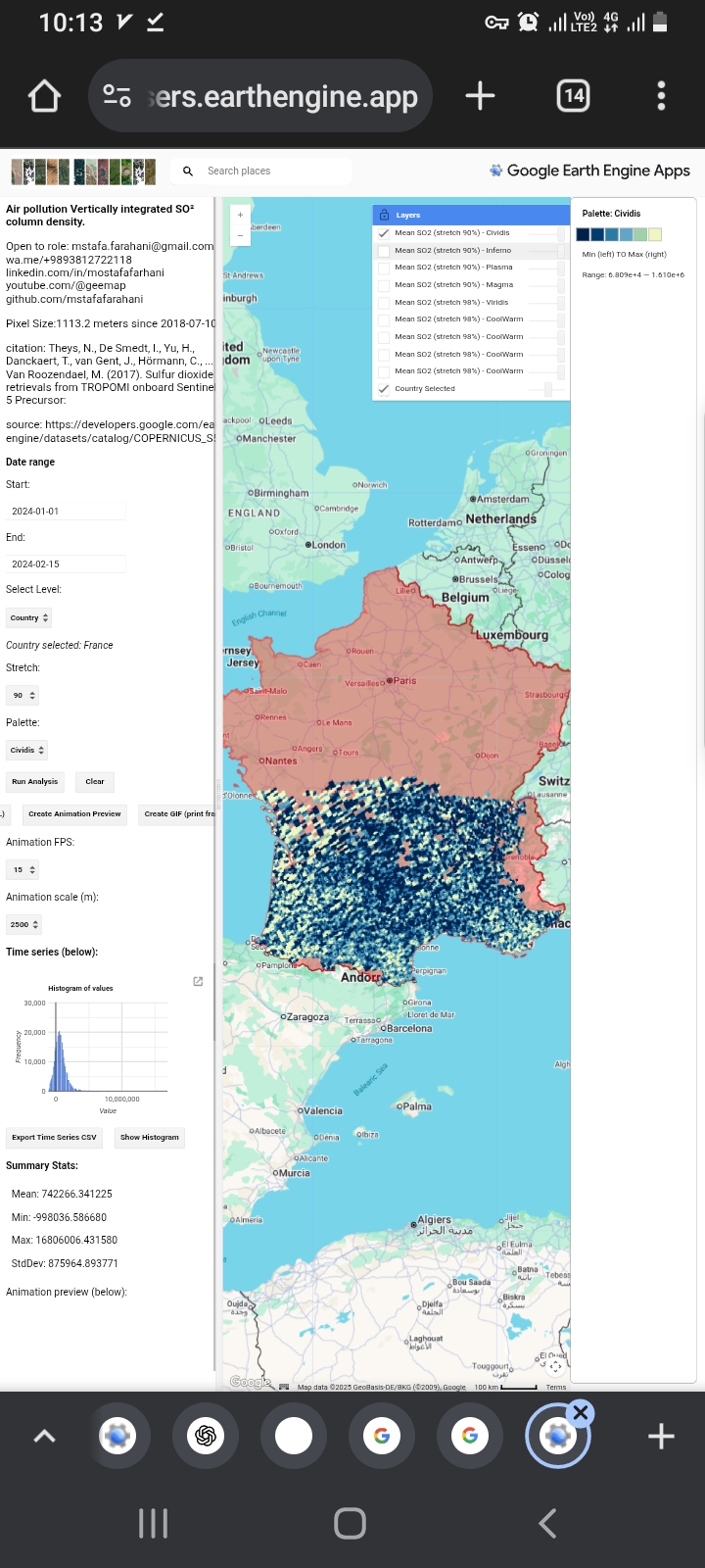 After hours hours hours web software air pollution Sulfur dioxide SO² https://mstafafarahani.users.earthengine.app/view/airpollotionso2   ????Table of content: https://github.com/mstafafarahani/Google-Earth-Engine-Application/blob/main/README.md    ????Contact: Mstafa.farahani@gmail.com Wa.me/+989381272118 github.com/mstafafarahani linkedin.com/in/mostafafarhani scholar.google.com/citations?user=qcN-Y1cAAAAJ&hl=en .  #sulfurdioxide #so2 @nasa @esa #ACETONE #surfacepressure #LST #wind #windspeed #Surfaceskintemperature #climate  #airpollution #Air #pollution,  #water #pollution,  #Soilpollution,  #globalwarming,  #RemoteSensing,  #satelliteimagery,  #signalprocess, #Earthobservation,  #EarthMonitoring,  #environmentalmonitoring, #Atmospheric، #Hydrology، #Geospatialanalysis, #GIS, #forest، #drought, #CoastalMarine #Monitoring, #landuselandcover, #urbanheatisland , #agriculture, #Geography,  #earth , #Geospatial,  #Geosciences ,  #EarthScience , #LiDAR , #sar , #waterresources ., #pm10Phd position .,  climate ., web application., Air pollution, . water pollution, . Soil pollution,.  global warming, . Remote Sensing,.  satellite imagery,.  signal process,.  Earth observation, . Earth Monitoring, . environmental monitoring,. Atmospheric ., Hydrology .,  Geospatial analysis, . GIS , . forest  ,.  drought,.  Coastal and Marine Monitoring,.  land use land cover .,  urban heat island ,.  agriculture ,. Geography ., earth ,.  Geospatial .,  Geosciences .,  Earth Science ., LiDAR,. sar,. water resources .,