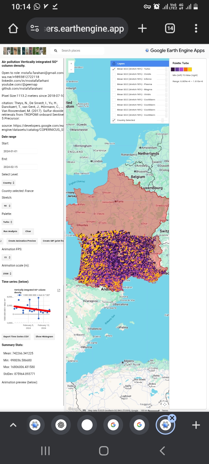 After hours hours hours web software air pollution Sulfur dioxide SO² https://mstafafarahani.users.earthengine.app/view/airpollotionso2   ????Table of content: https://github.com/mstafafarahani/Google-Earth-Engine-Application/blob/main/README.md    ????Contact: Mstafa.farahani@gmail.com Wa.me/+989381272118 github.com/mstafafarahani linkedin.com/in/mostafafarhani scholar.google.com/citations?user=qcN-Y1cAAAAJ&hl=en .  #sulfurdioxide #so2 @nasa @esa #ACETONE #surfacepressure #LST #wind #windspeed #Surfaceskintemperature #climate  #airpollution #Air #pollution,  #water #pollution,  #Soilpollution,  #globalwarming,  #RemoteSensing,  #satelliteimagery,  #signalprocess, #Earthobservation,  #EarthMonitoring,  #environmentalmonitoring, #Atmospheric، #Hydrology، #Geospatialanalysis, #GIS, #forest، #drought, #CoastalMarine #Monitoring, #landuselandcover, #urbanheatisland , #agriculture, #Geography,  #earth , #Geospatial,  #Geosciences ,  #EarthScience , #LiDAR , #sar , #waterresources ., #pm10Phd position .,  climate ., web application., Air pollution, . water pollution, . Soil pollution,.  global warming, . Remote Sensing,.  satellite imagery,.  signal process,.  Earth observation, . Earth Monitoring, . environmental monitoring,. Atmospheric ., Hydrology .,  Geospatial analysis, . GIS , . forest  ,.  drought,.  Coastal and Marine Monitoring,.  land use land cover .,  urban heat island ,.  agriculture ,. Geography ., earth ,.  Geospatial .,  Geosciences .,  Earth Science ., LiDAR,. sar,. water resources .,