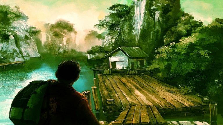تصویر هنری بازی شنمو 2 ریو در حال قدم زدن به سمت کلبه ای در کنار آب