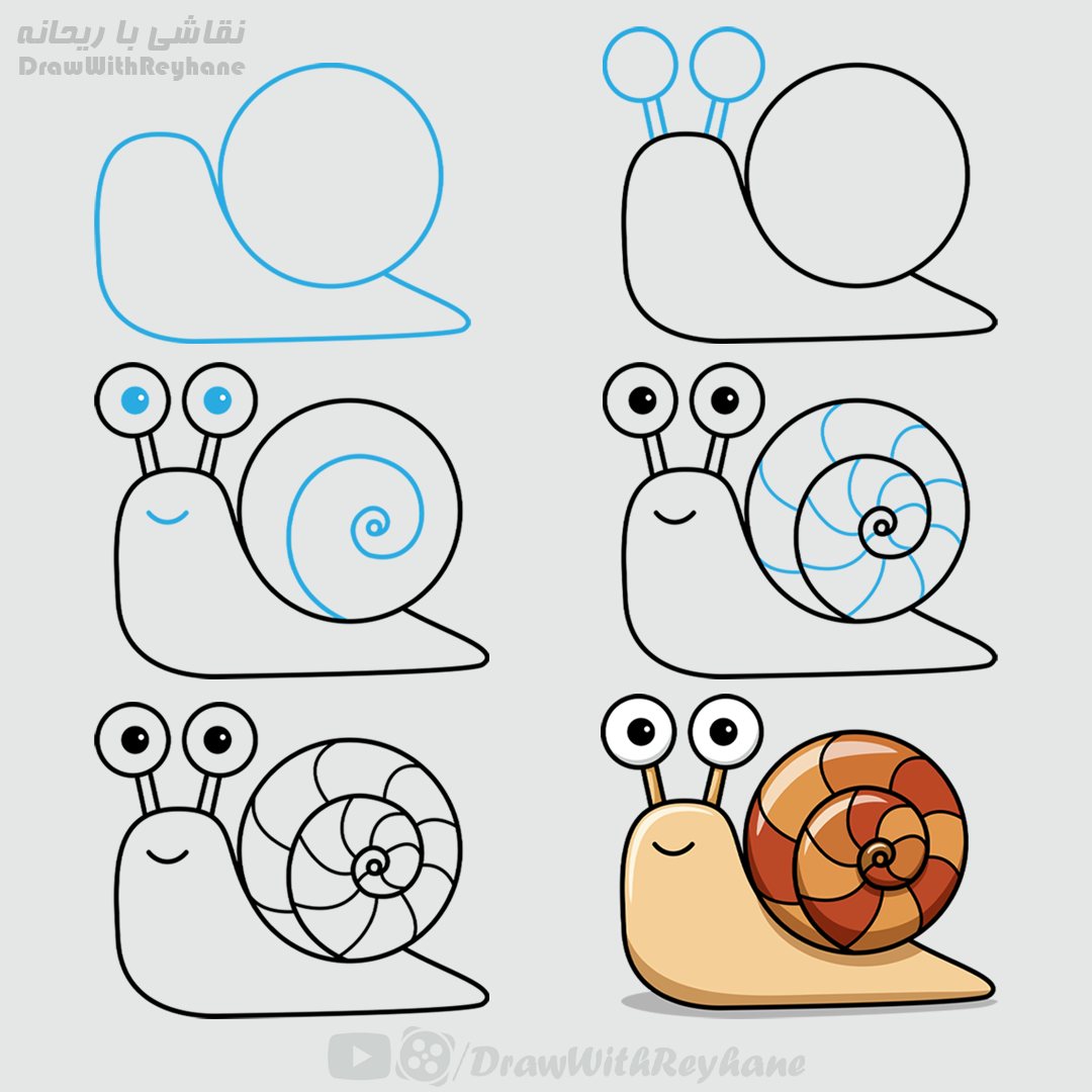 آموزش نقاشی جلزون با دایره | نقاشی با اشکال هندسی | نقاشی حیوانات