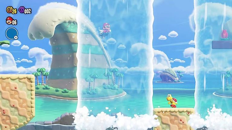 ماریو زیر آبشار در کنار ساحل دریا بررسی بازی Super Mario Bros Wonder