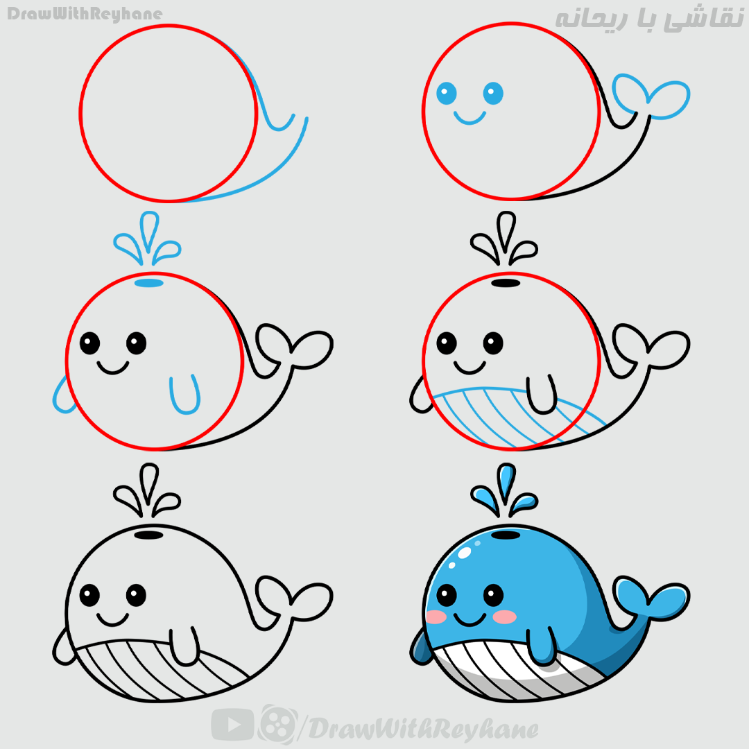 آموزش نقاشی نهنگ با دایره | نقاشی با دایره | نقاشی حیوانات دریایی