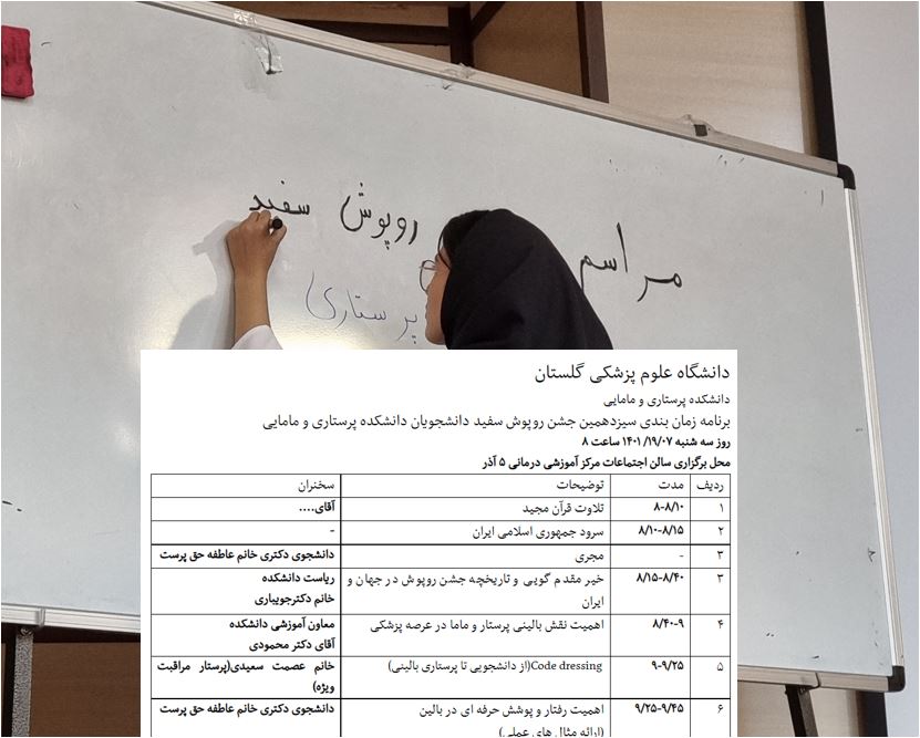 ۱۹ مهر مراسم نمادین روپوش سفید برای دانشجویان ترم ۲ پرستاری برگزار شد ساعت ۸ صبح در مرکز آموزشی درمانی پنج آذر گرگان ​​​​​​​مراسم نمادین روپوش سفید برای دانشجویان ترم ۲ پرستاری  white coat ceremony