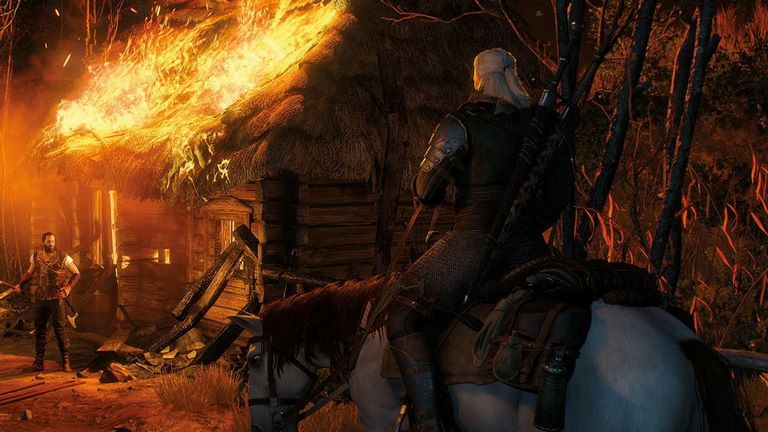 بهترین مادهای Witcher 3 گرالت روی اسب خانه آتش گرفته